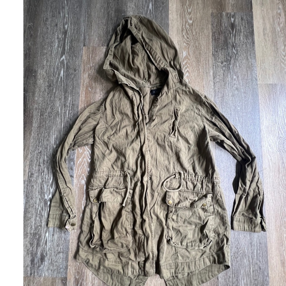 Be Cool Utility Jacket Women Large Olive Green Hooded Drawstring Cargo Anorak